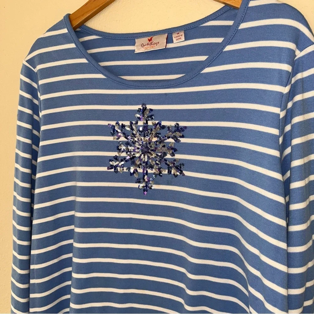 Quacker Factory Long Sleeve‎ Top Size 1X Sequin Snowflake Blue Striped Holiday